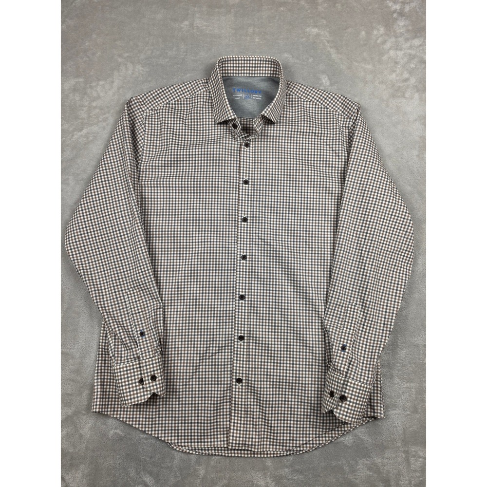Twillory Performance Dress Shirt Men 17 34-35 Brown Gingham Tailored Fit LS